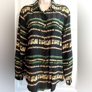 Riva Silk black striped silk blouse, size XL